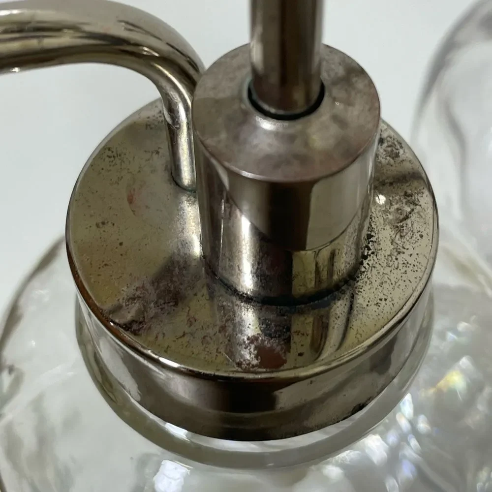 Two Elegant Clear Glass Oilcan Soap & Lotion  Dispenser Set w/Chrome Accents